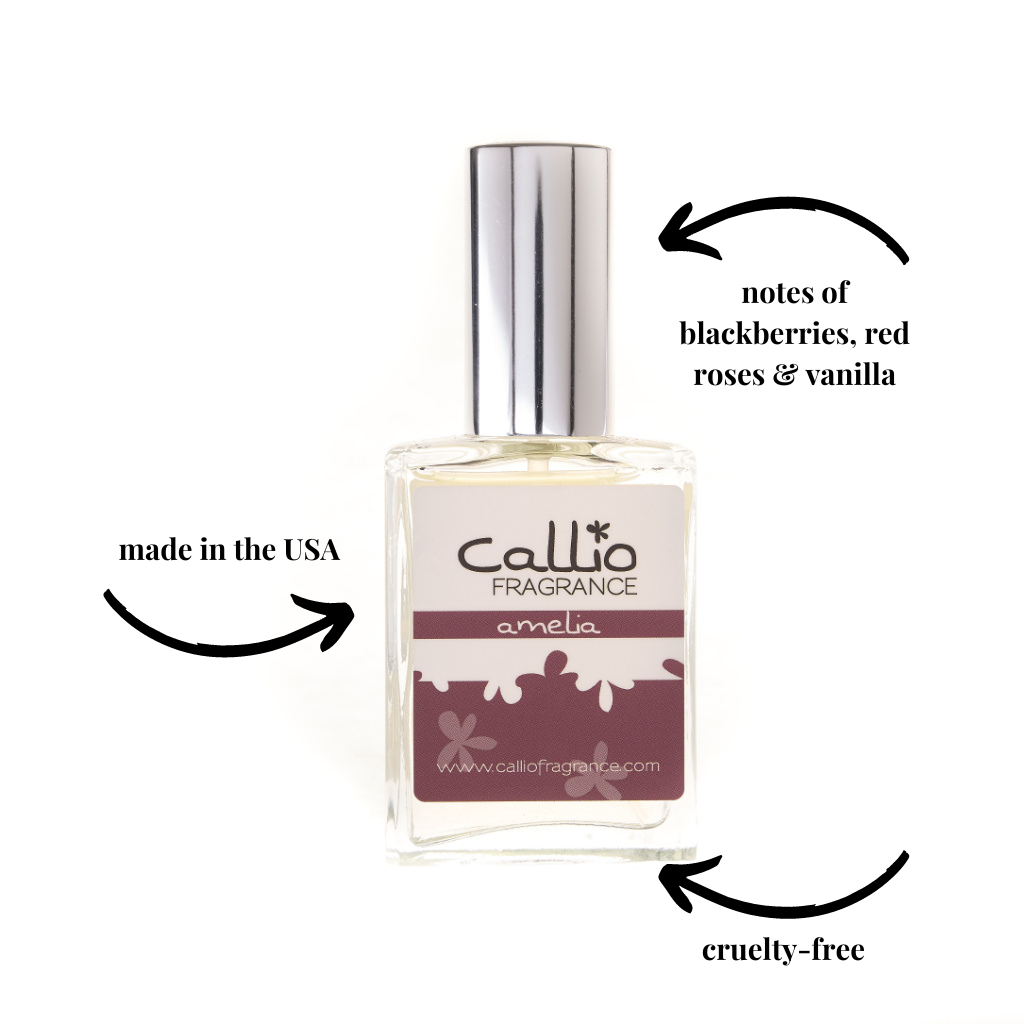 Image of Amelia 1 oz Perfume by Callio Fragrance featuring notes of blackberry, rose, and vanilla. It is cruelty-free and made in the USA.