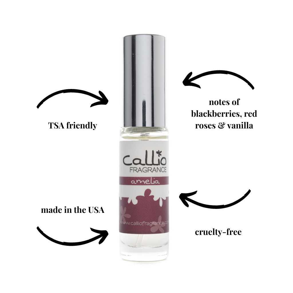 Image of Amelia Travel-Size Perfume Spray by Callio Fragrance featuring notes of blackberry, rose, and vanilla. It is cruelty-free and made in the USA.