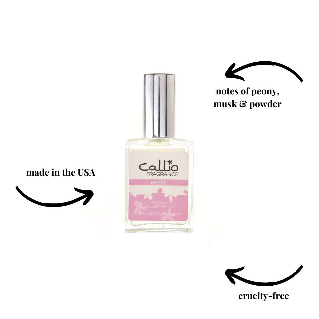 Image of Belle Perfume by Callio Fragrance featuring notes of peony, musk, and powder. It is cruelty-free and made in the USA.