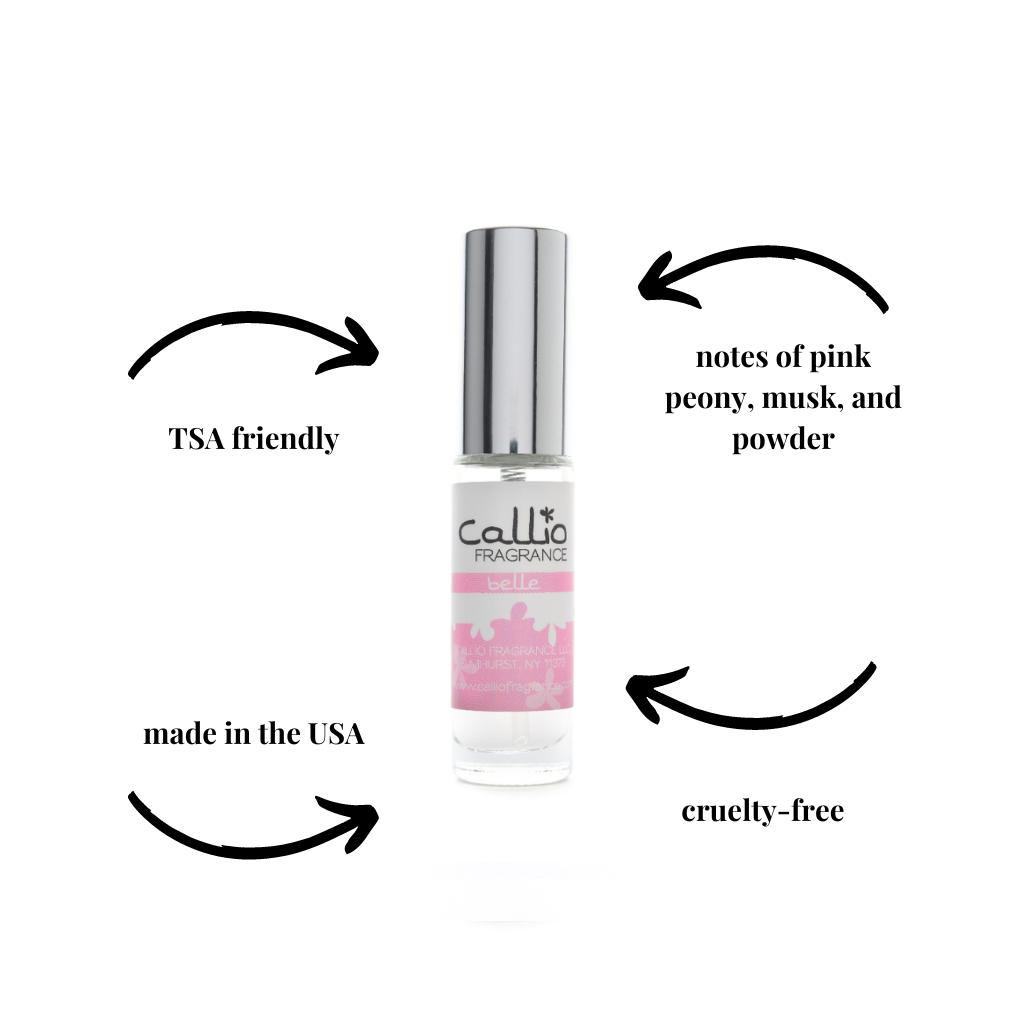 Image of Belle Travel Perfume Spray featuring notes of peony, musk, and powder . It is cruelty-free and made in the USA.