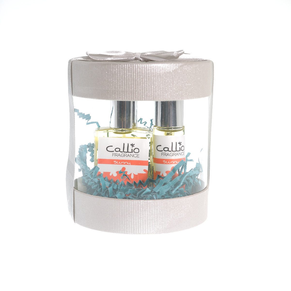 Image of a one-ounce bottle of fragrance with a travel-size bottle, both placed in a silver cylinder gift box.