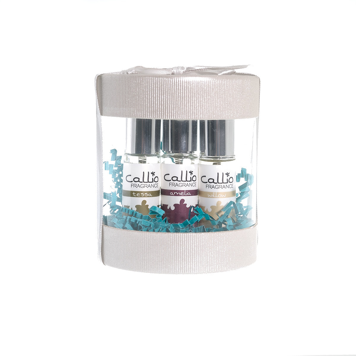 Image of a Callio Fragrance Travel Perfume Gift Set featuring three travel-size bottles of fragrance on a bright white background.