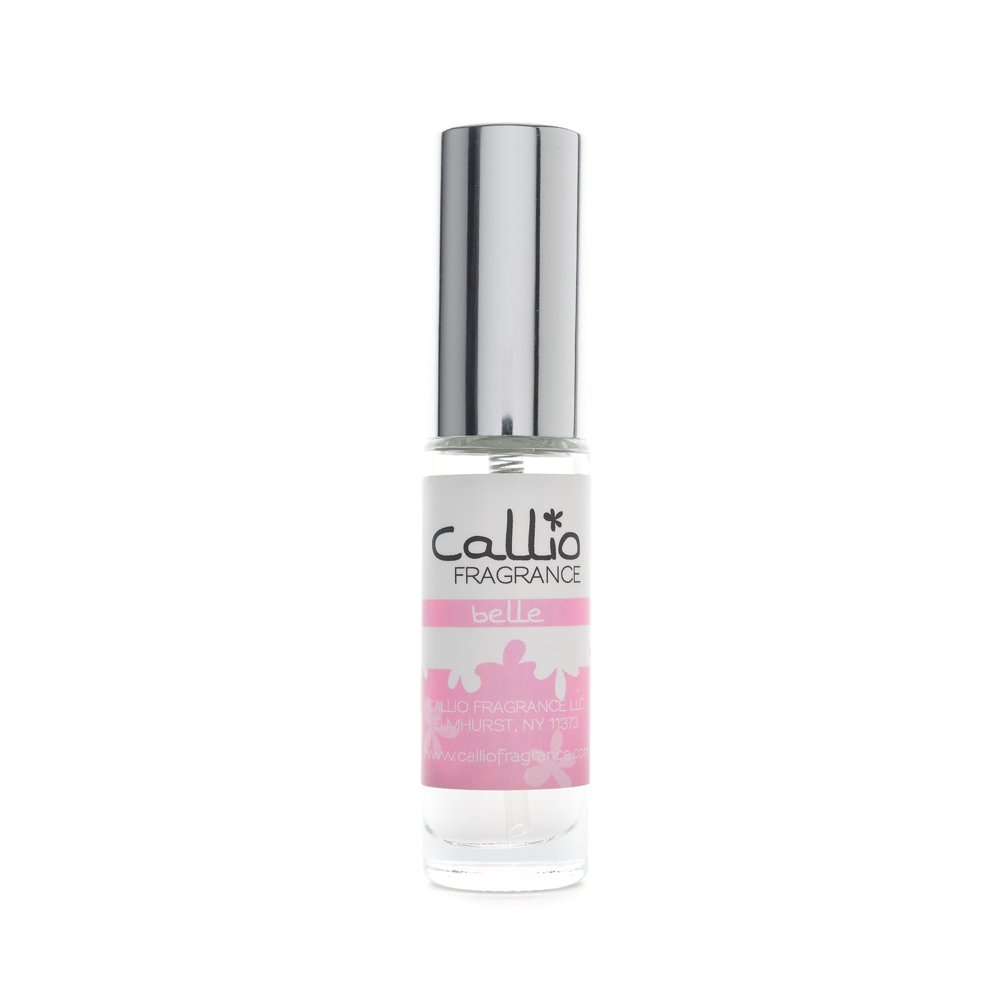 Image of a travel-size bottle of Belle perfume on a bright white background. The perfume includes notes of peony, musk, and powder.