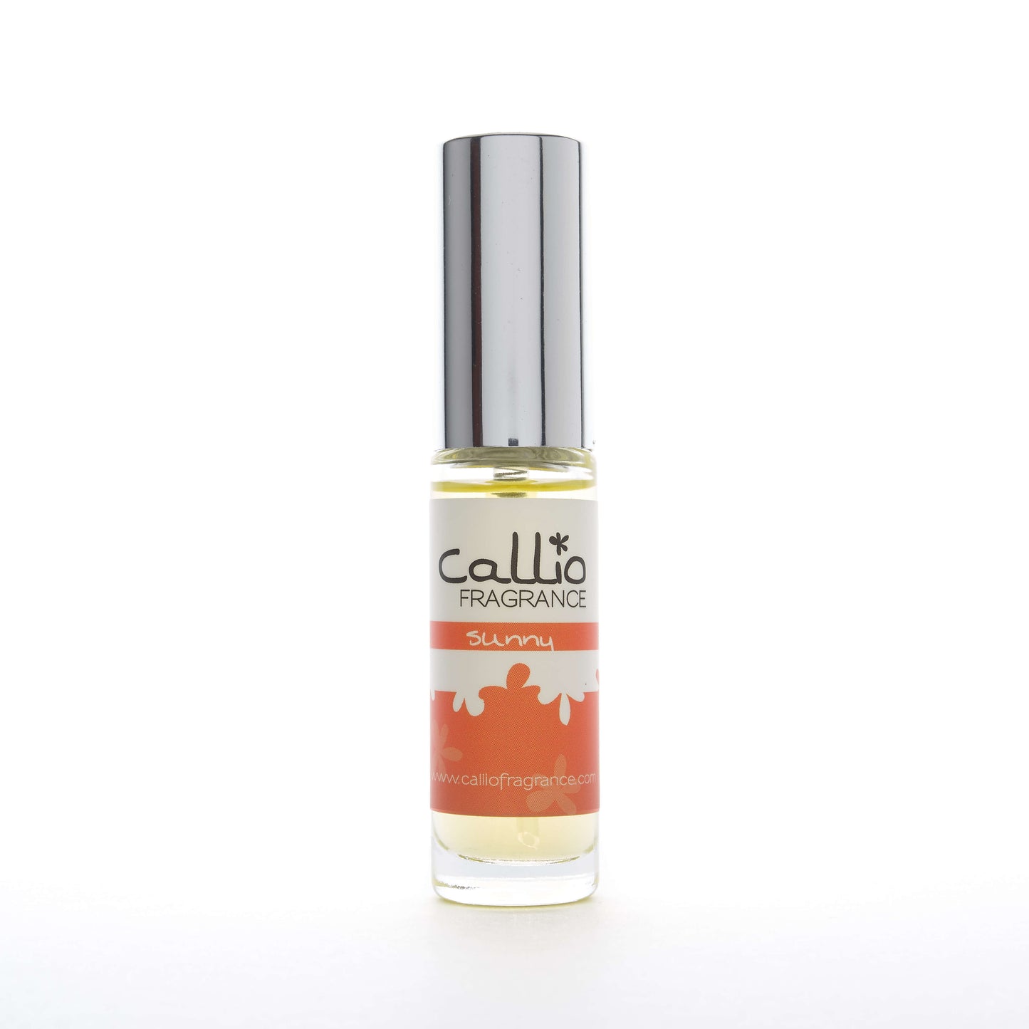 Image of a one-ounce bottle of Sunny Travel Perfume by Callio Fragrance on a bright white background. The perfume includes notes of mandarin orange, orange blossom, jasmine and vanilla.